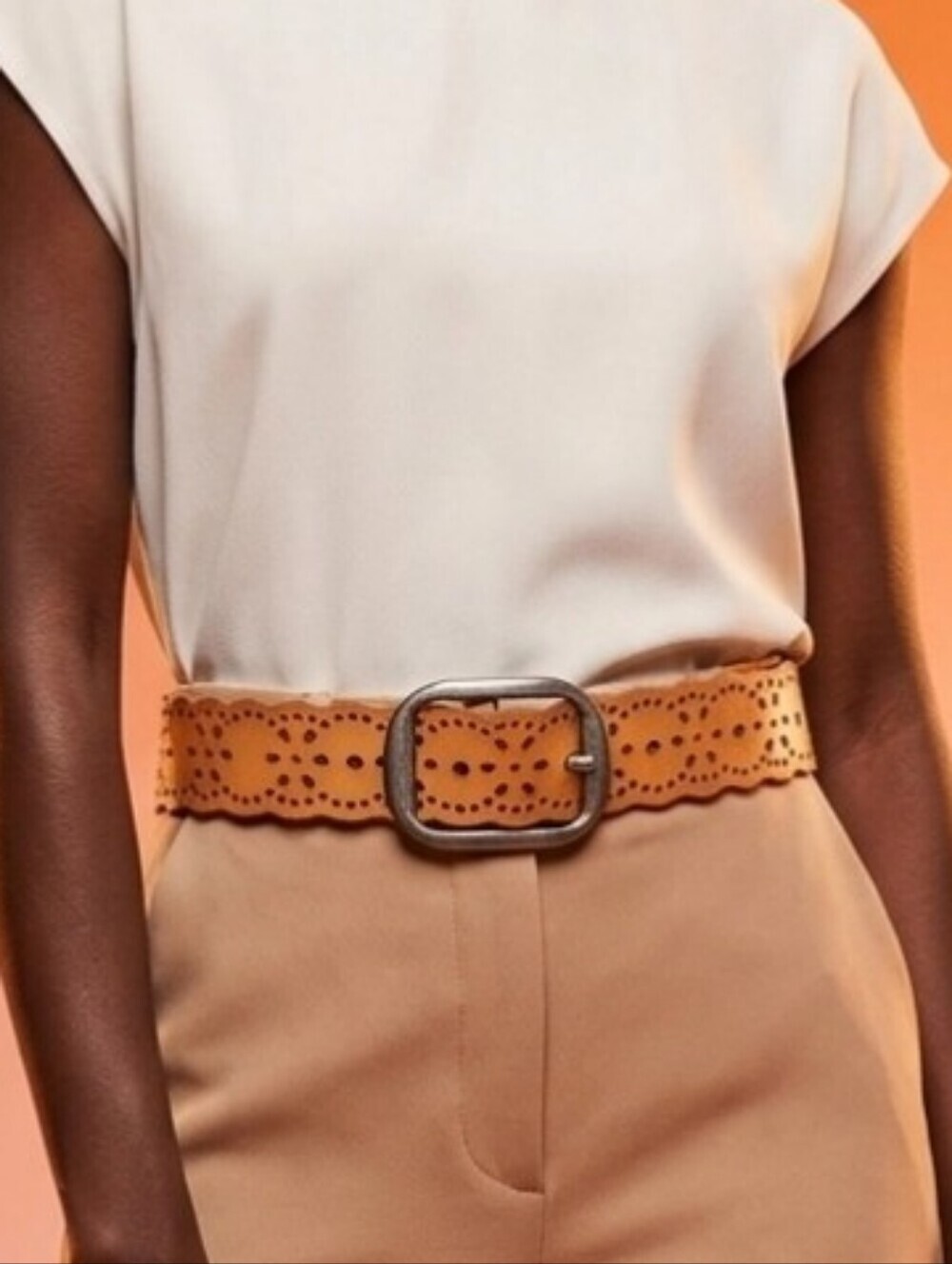 Cowgirl Western Belt Light Tan Orange Hue Cut Out Flowers Pattern 35 Inches Long